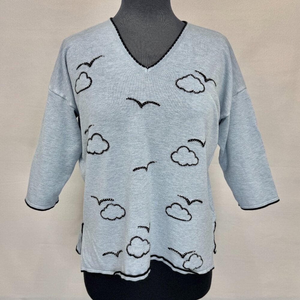 Leo‎ & Ugo Beaded Cloud Sweater 4 Light Blue V Neck 3/4 Sleeve Knit Top